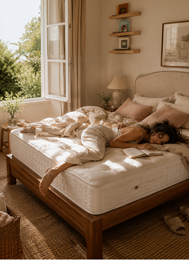 Personne endormie sous la couette dans une chambre ensoleillée