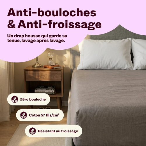 Drap housse en coton gris anti-bouloches et anti-froissage sur un lit