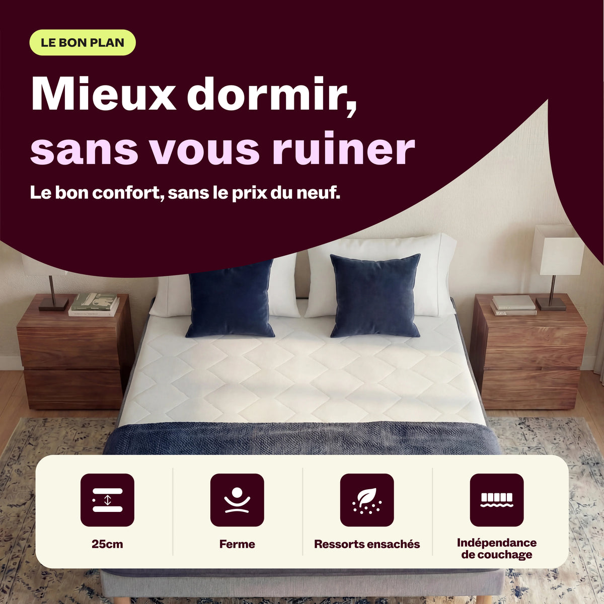Matelas Grand Rêve dans une chambre lumineuse : 25 cm, ferme, ressorts ensachés et indépendance de couchage