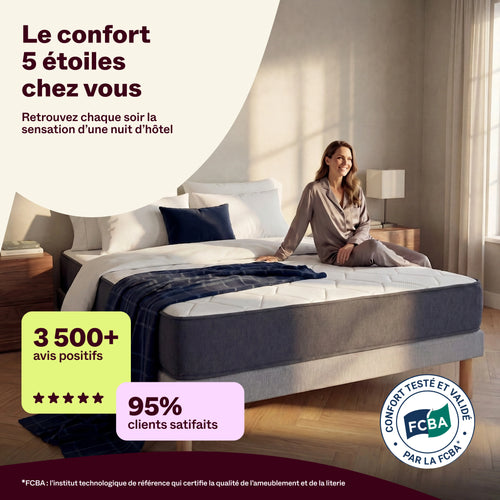 Femme détendue sur le matelas Grand Rêve, 3 500 avis positifs, 95 % de clients satisfaits et label FCBA