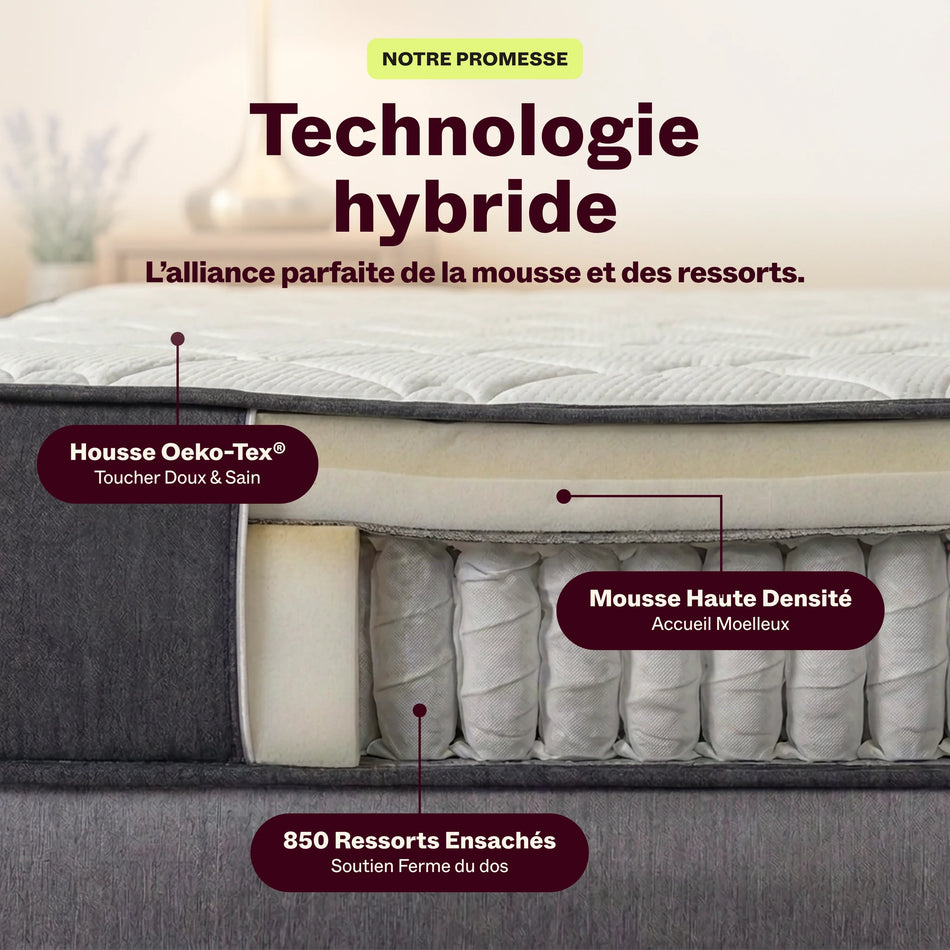 Vue en coupe du matelas Grand Rêve : 850 ressorts ensachés, mousse haute densité et housse Oeko-Tex