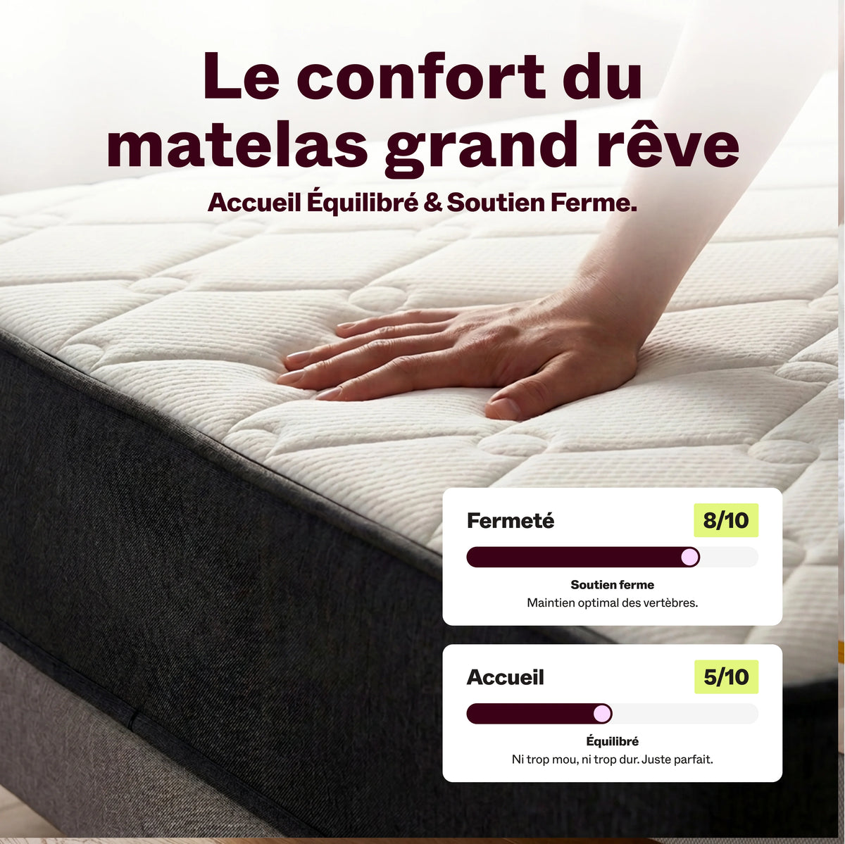 Main pressant le matelas Grand Rêve : soutien ferme 8/10 et accueil équilibré 5/10