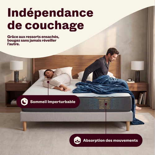 Couple sur le matelas Grand Rêve : l'un se lève sans réveiller l'autre grâce aux ressorts ensachés