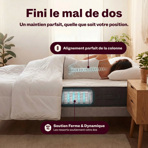 Femme allongée sur le matelas Grand Rêve, ressorts ensachés pour un soutien ferme et une colonne bien alignée