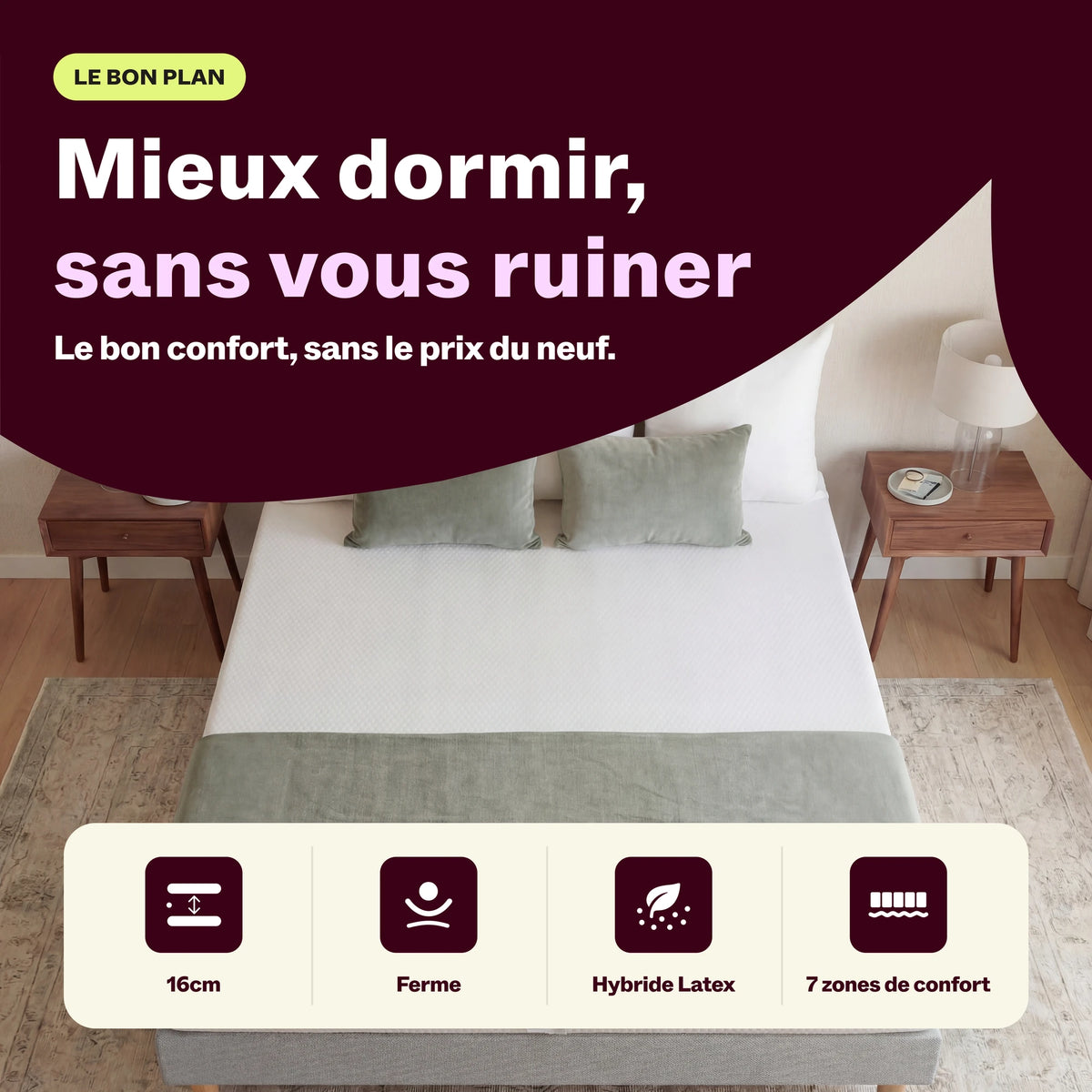 Matelas Idéal 16 cm dans une chambre lumineuse, lit fait avec coussins et table de chevet