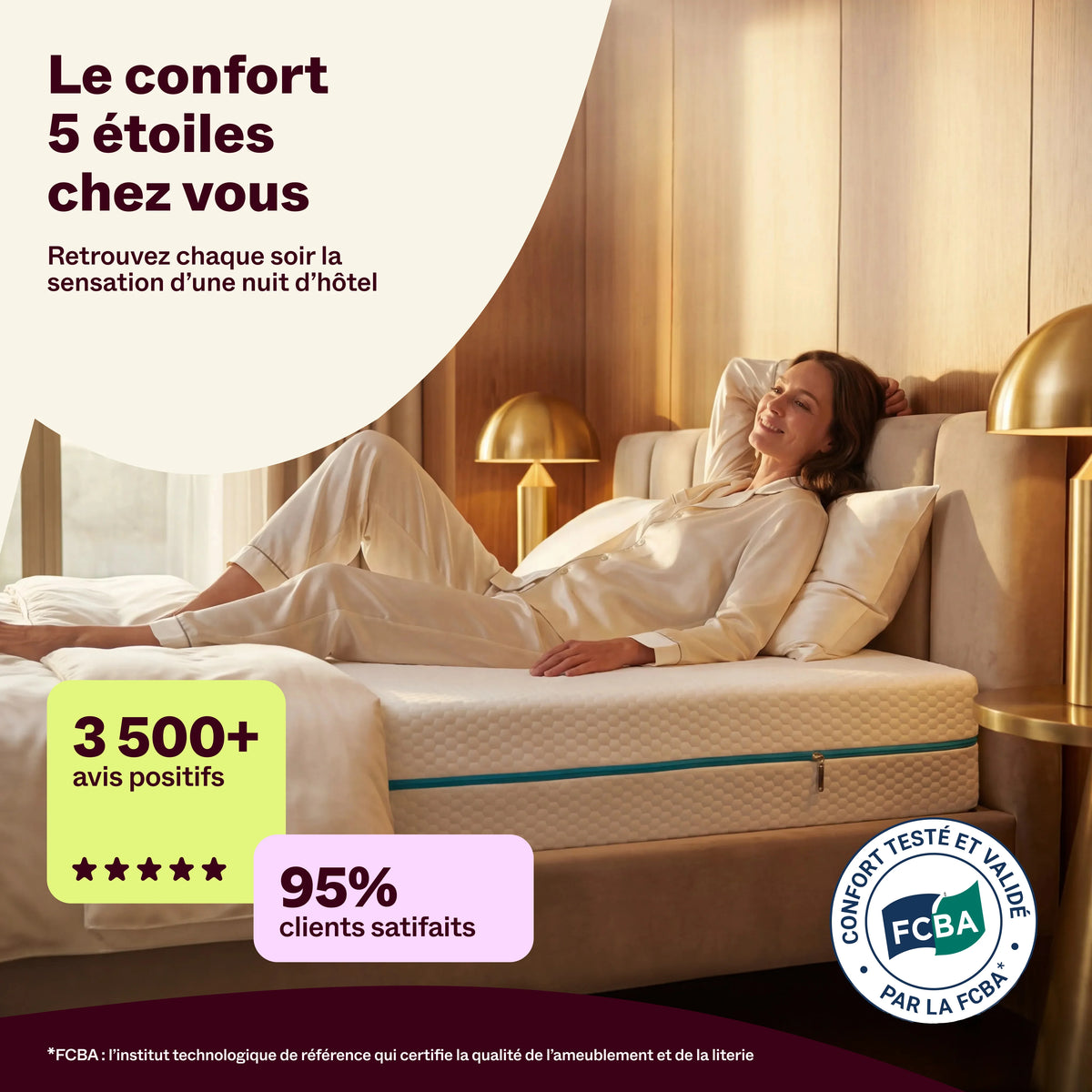 Femme détendue sur le matelas Idéal 16 cm, 3 500 avis positifs, 95 % de clients satisfaits et label FCBA