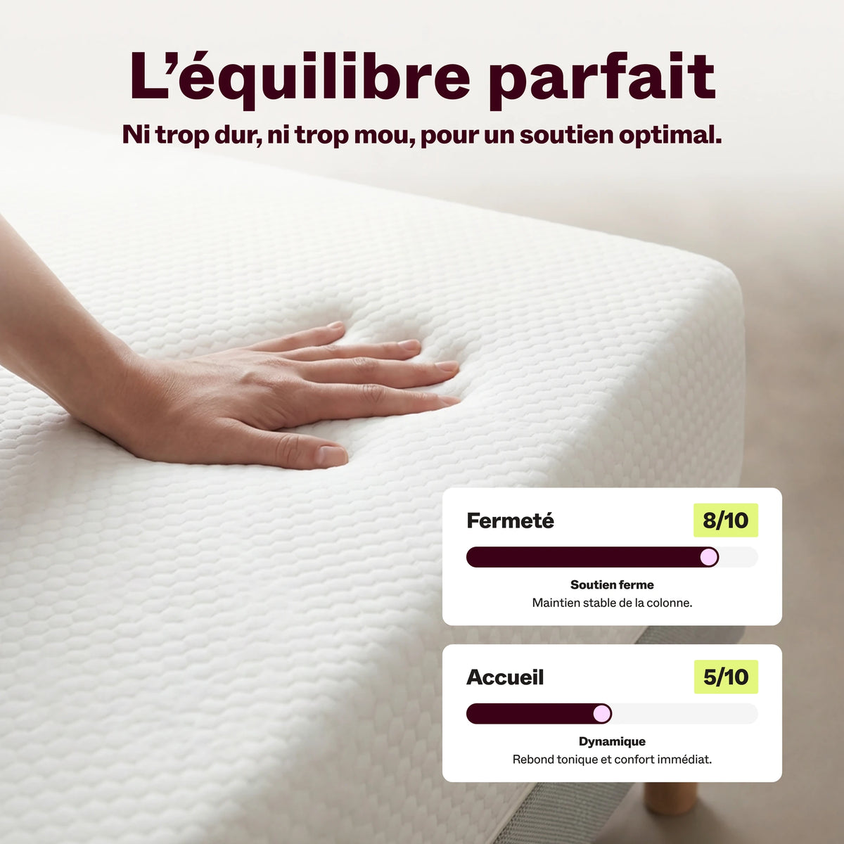 Main pressant le matelas Idéal 16 cm, jauges de fermeté et d'accueil