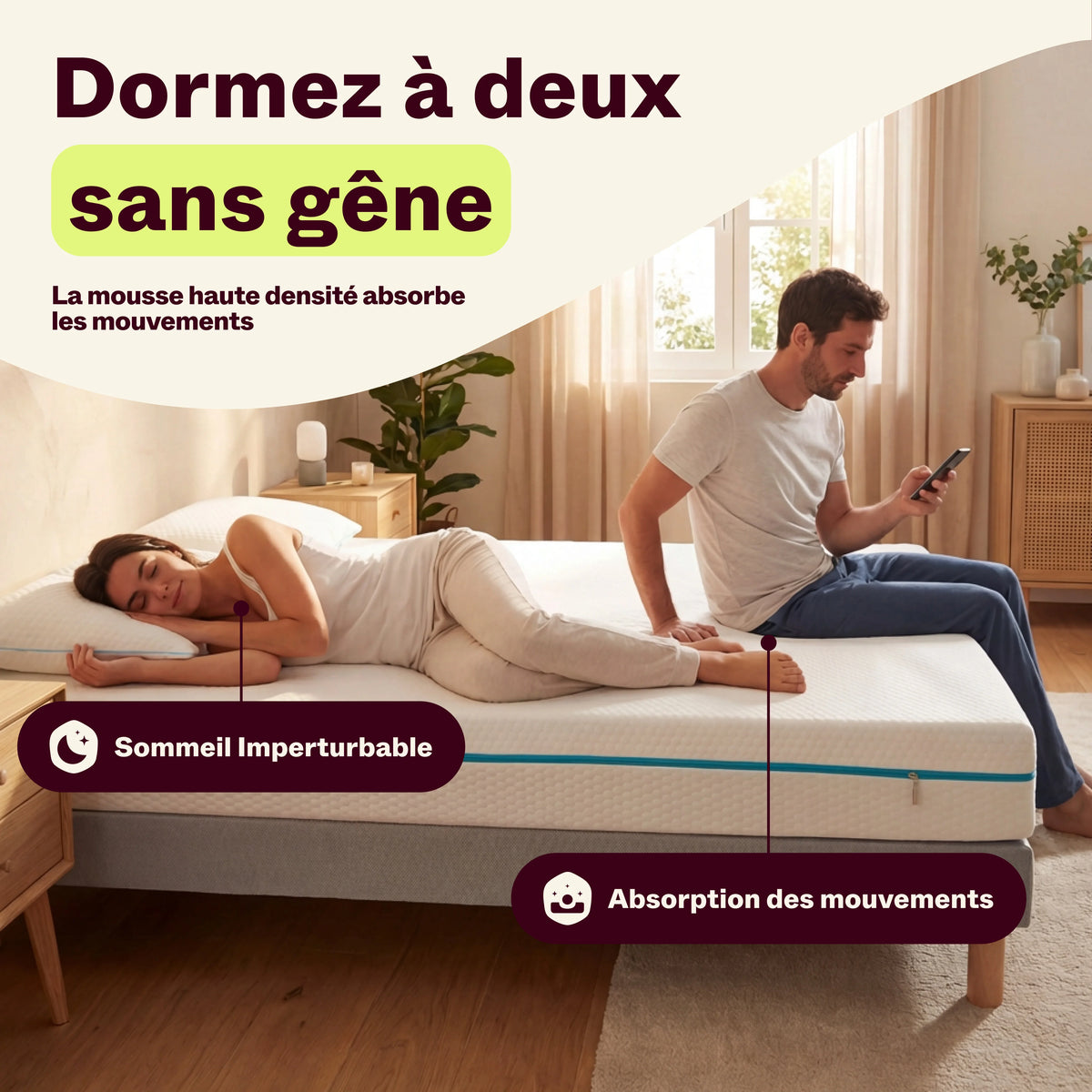 Couple sur le matelas Idéal 16 cm : l'un se lève sans réveiller l'autre, la mousse haute densité absorbe les mouvements