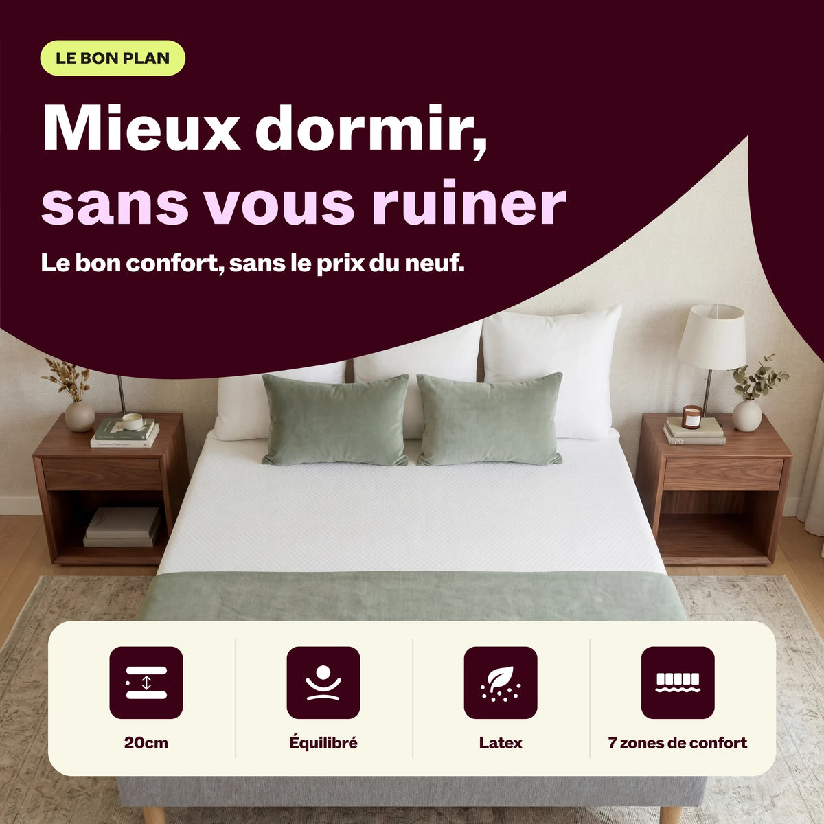 Matelas Idéal Latex dans une chambre lumineuse, lit fait avec coussins et table de chevet