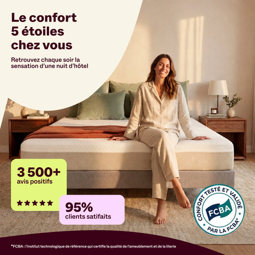 Femme détendue sur le matelas Idéal Latex, 3 500 avis positifs, 95 % de clients satisfaits et label FCBA