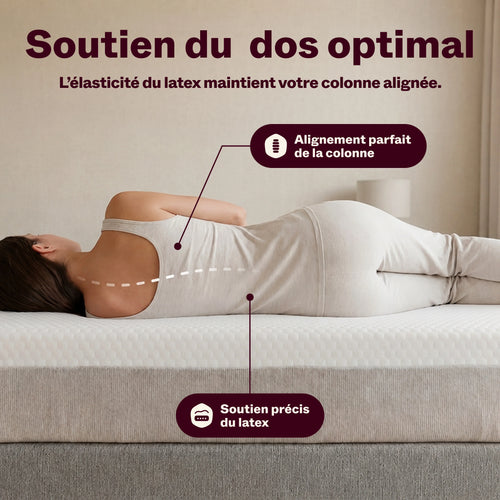 Femme allongée sur le côté sur le matelas Idéal Latex : l'élasticité du latex maintient la colonne alignée