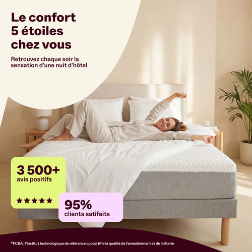 Femme détendue sur le matelas Tout Doux, 3 500 avis positifs, 95 % de clients satisfaits et label FCBA
