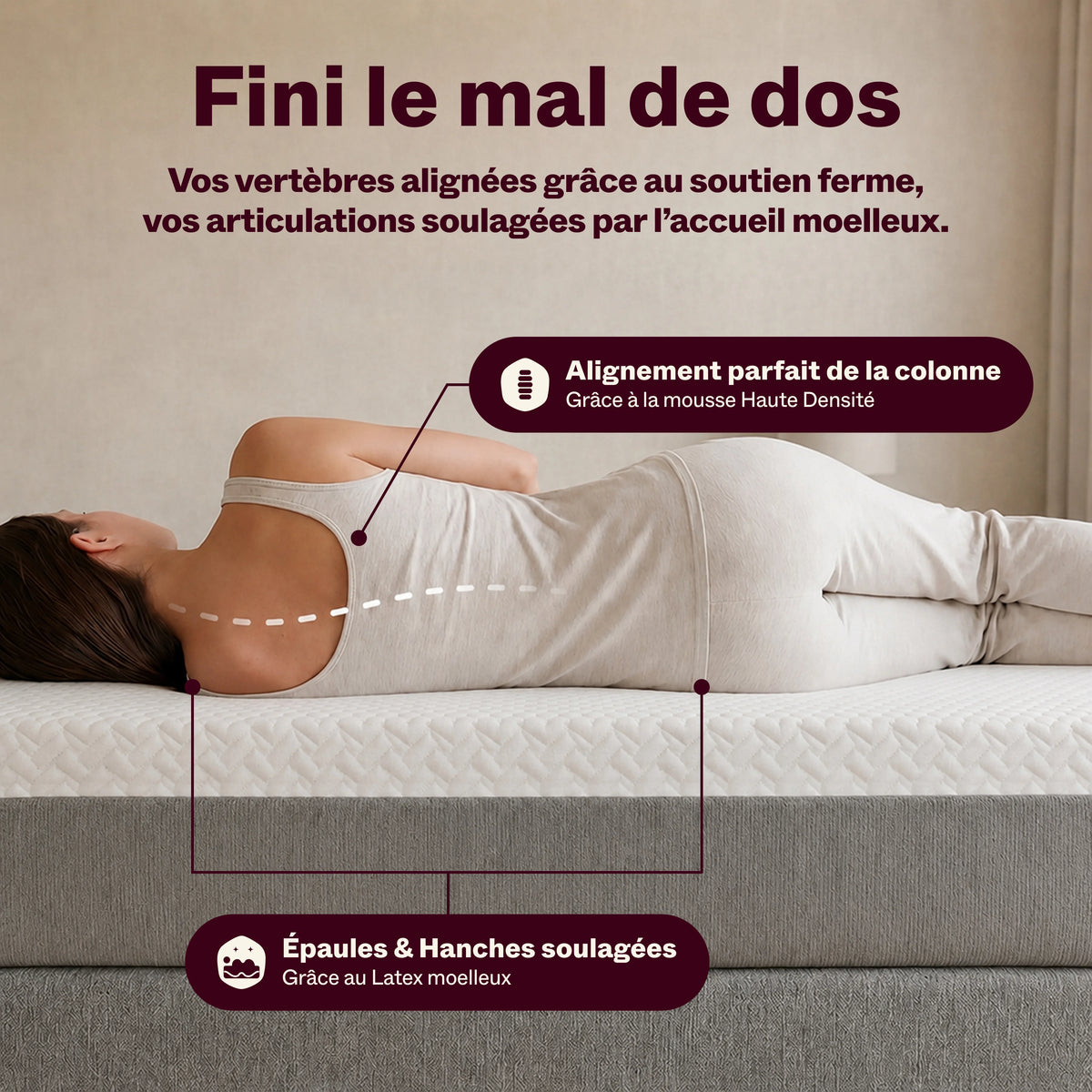 Femme allongée sur le côté sur le matelas Tout Doux, colonne vertébrale bien alignée