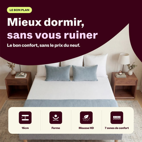 Matelas Universel dans une chambre lumineuse, lit fait avec coussins et table de chevet