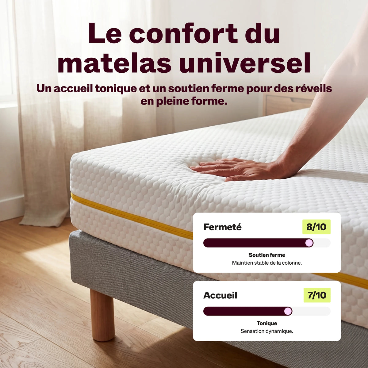 Main pressant le matelas Universel, jauges de fermeté et d'accueil