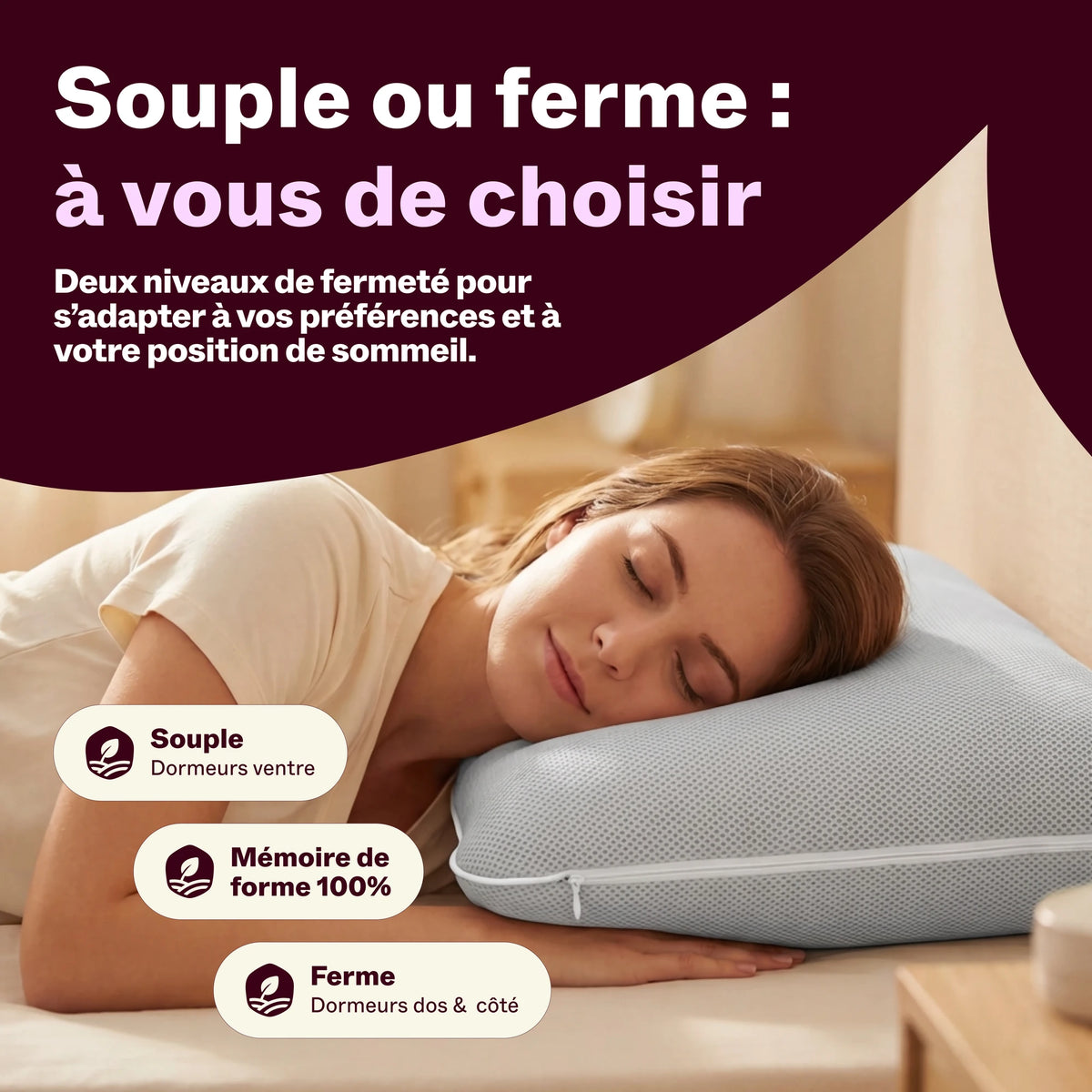 Femme endormie sur un oreiller à mémoire de forme, deux niveaux de fermeté souple ou ferme