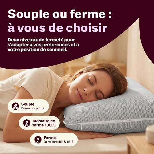 Femme endormie sur un oreiller à mémoire de forme, deux niveaux de fermeté souple ou ferme