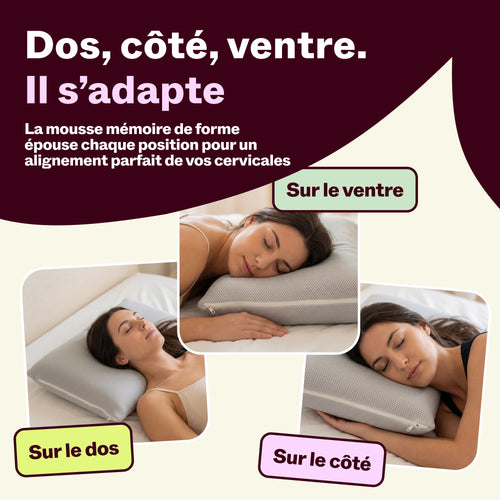 Oreiller à mémoire de forme adapté au sommeil sur le dos, le côté et le ventre