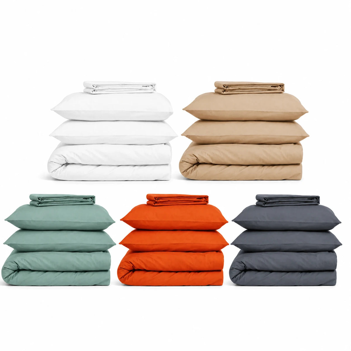 Parures de lit en coton dans les 5 coloris : blanc, beige, vert d'eau, terracotta, gris bleu