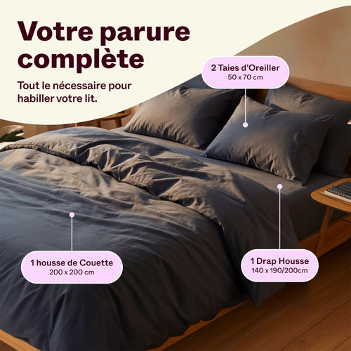 Parure de lit complète gris bleu : housse de couette, 2 taies d'oreiller et drap housse