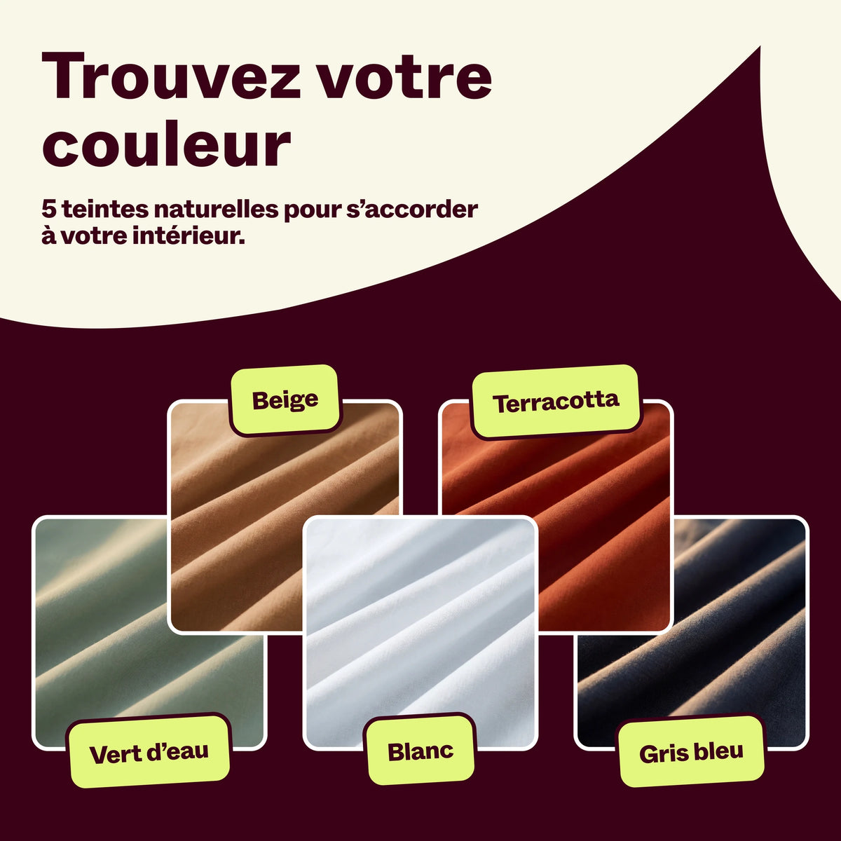 Nuancier des 5 coloris de parure de lit : beige, terracotta, vert d'eau, blanc, gris bleu