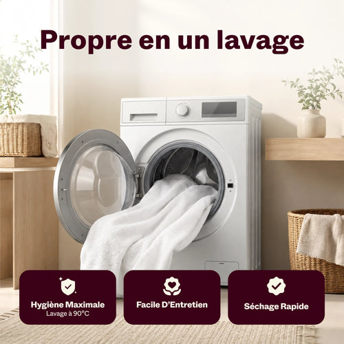 Protège-matelas blanc dans un lave-linge, lavable à 90°