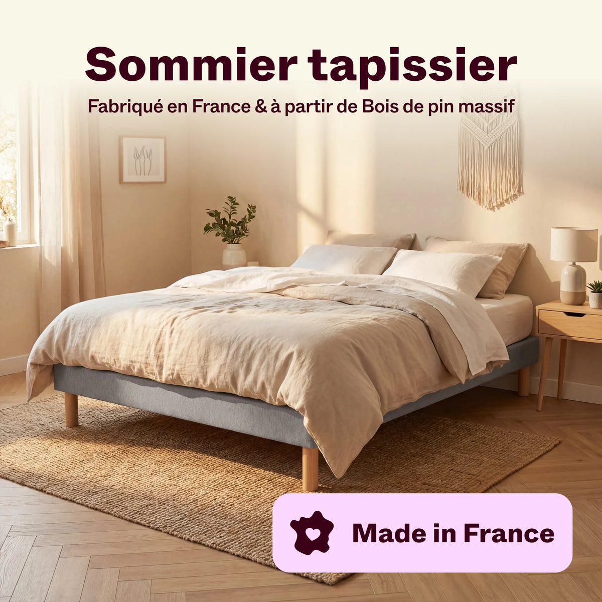 Sommier tapissier fabriqué en France dans une chambre avec lit fait et linge beige