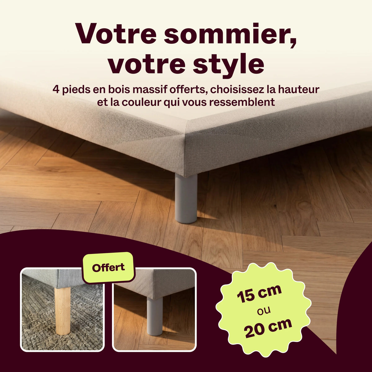 Sommier tapissier avec pieds en bois ou gris offerts, hauteur 15 ou 20 cm