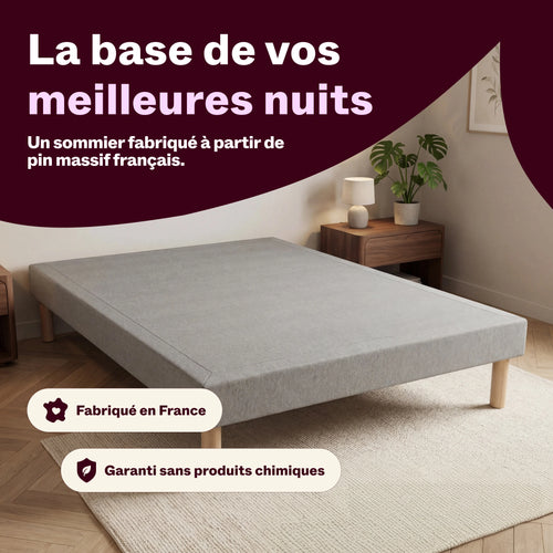 Sommier tapissier gris fabriqué en France à partir de pin massif français, garanti sans produits chimiques