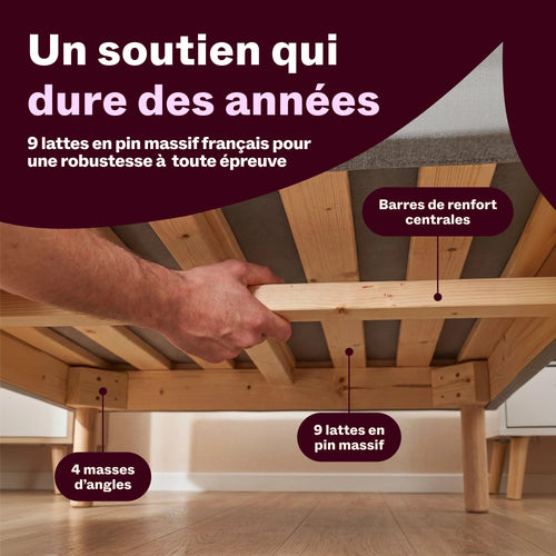 Dessous d'un sommier tapissier : 9 lattes en pin massif et barres de renfort