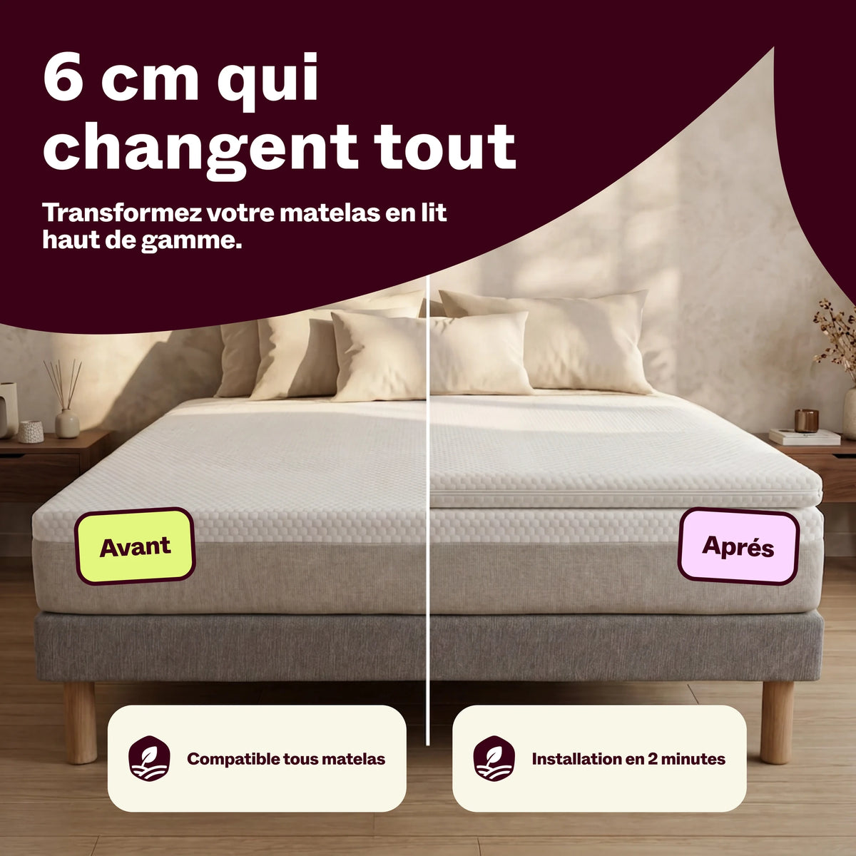 Lit avant et après l'ajout d'un surmatelas de 6 cm
