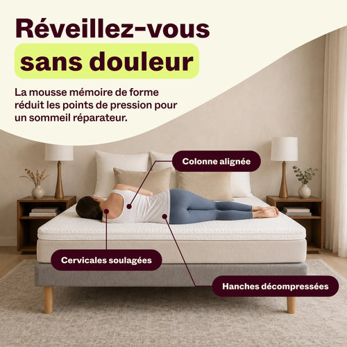 Femme allongée sur un surmatelas à mémoire de forme, colonne alignée et hanches soulagées
