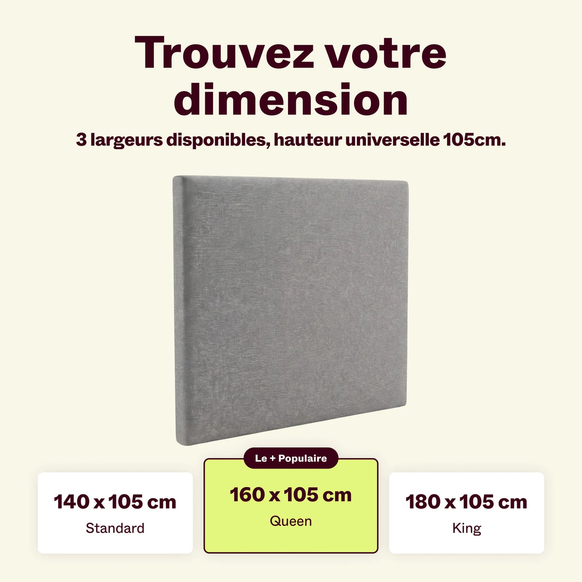 Tête de lit grise disponible en 140, 160 et 180 cm de large, hauteur 105 cm