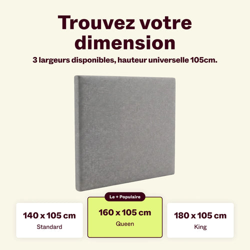 Tête de lit grise disponible en 140, 160 et 180 cm de large, hauteur 105 cm