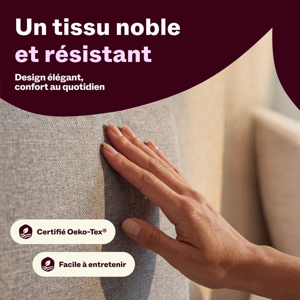 Main sur le tissu gris chiné de la tête de lit, certifié Oeko-Tex